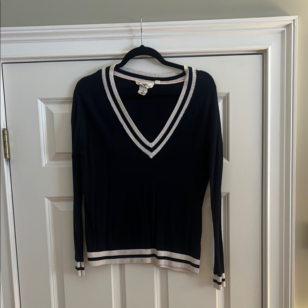 V-Neck Black Sweater with White Trim